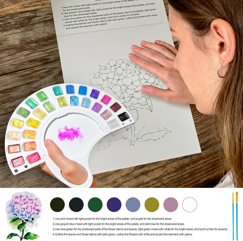DPDPPL Watercolor Workbook, Water Coloring Book with 13 Pages 300GSM Paper, 26 Colors Watercolor Paint Set with Brush & Storage Bag, Beginner-Friendly Coloring Book for Adults - Flowers Theme Art Kit - Image 3